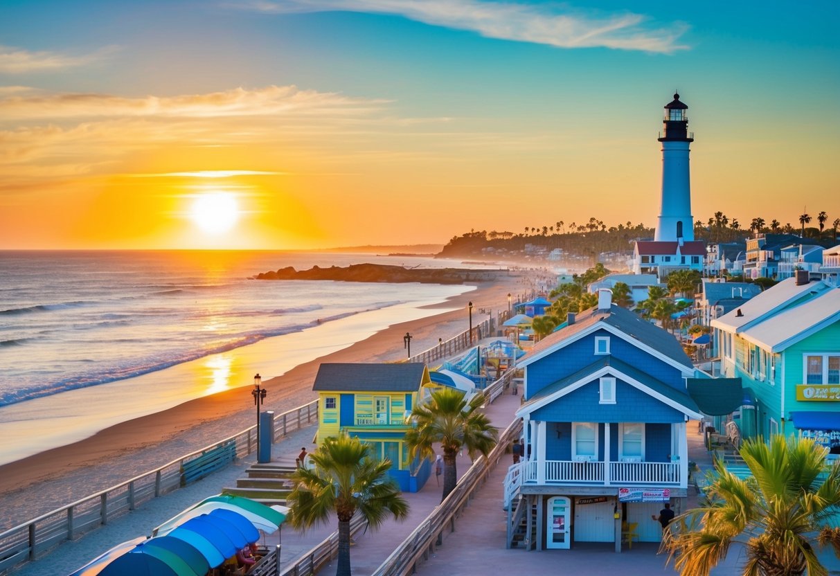 A coastal town with colorful beach houses, a lighthouse, and a boardwalk lined with palm trees and surf shops. The sun sets over the ocean, casting a warm glow on the scene