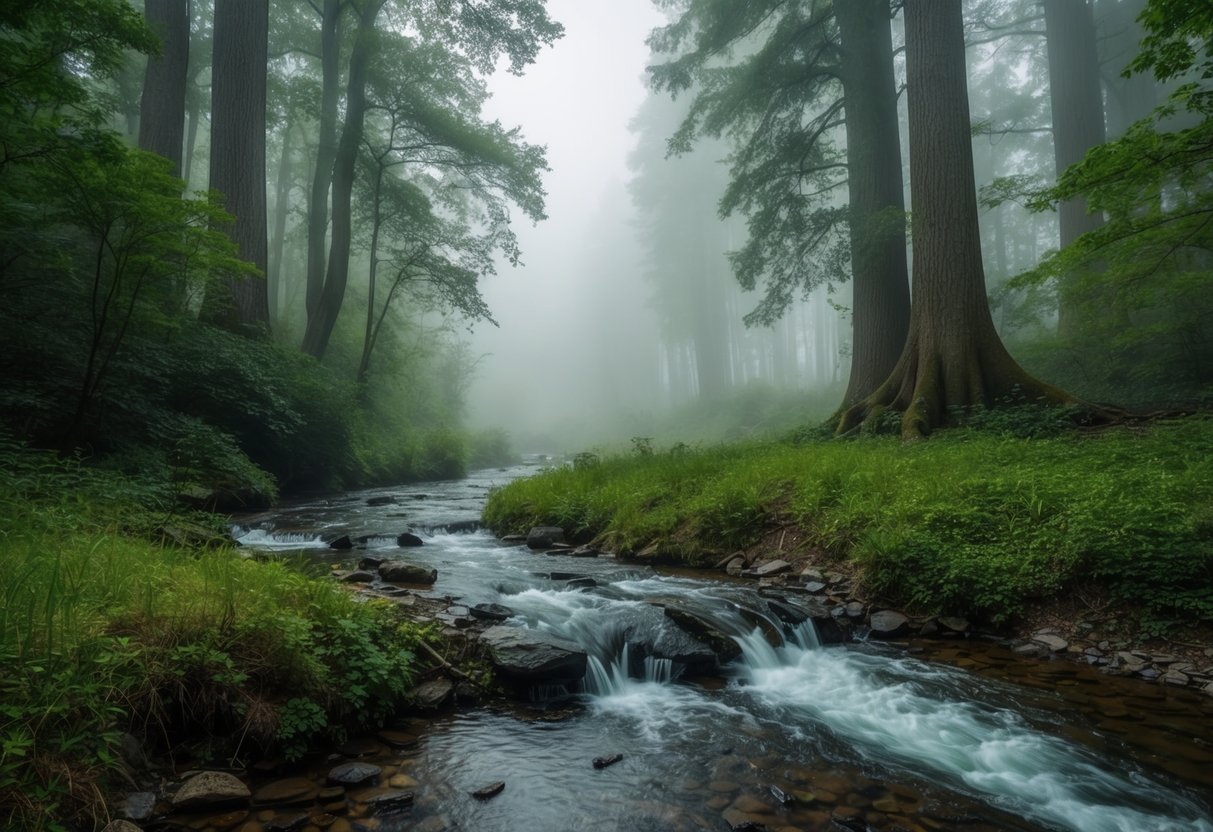 A serene forest clearing with a bubbling stream, surrounded by towering trees and lush greenery. A hazy mist hangs in the air, creating an ethereal atmosphere perfect for a stoner's adventure