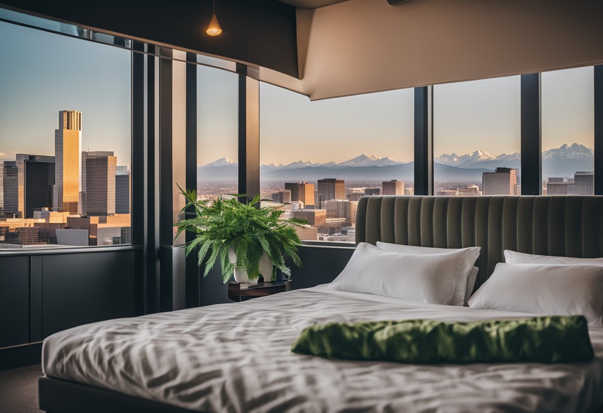 A cozy cannabis-themed hotel room with a view of the Denver skyline, featuring a plush bed, cannabis-inspired decor, and a welcoming atmosphere