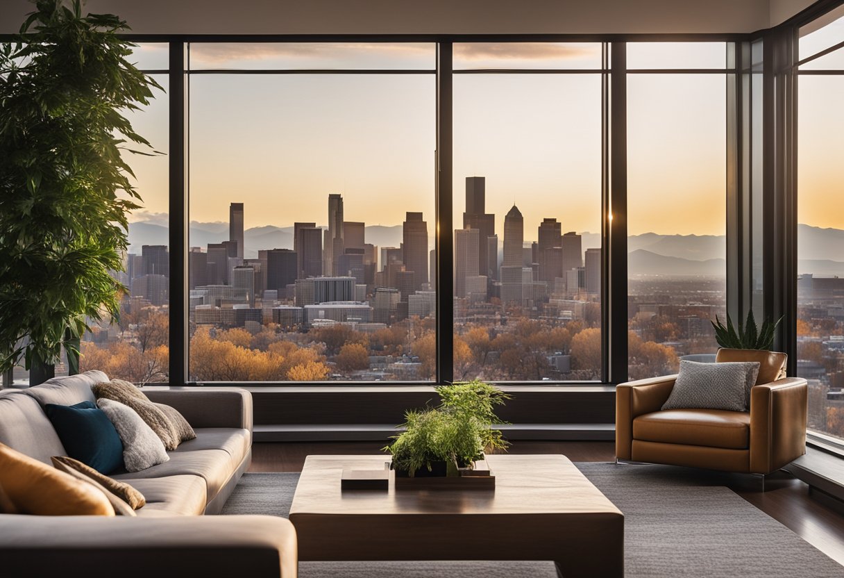 A cozy living room with a fireplace, cannabis-themed decor, and a view of the Denver skyline through large windows