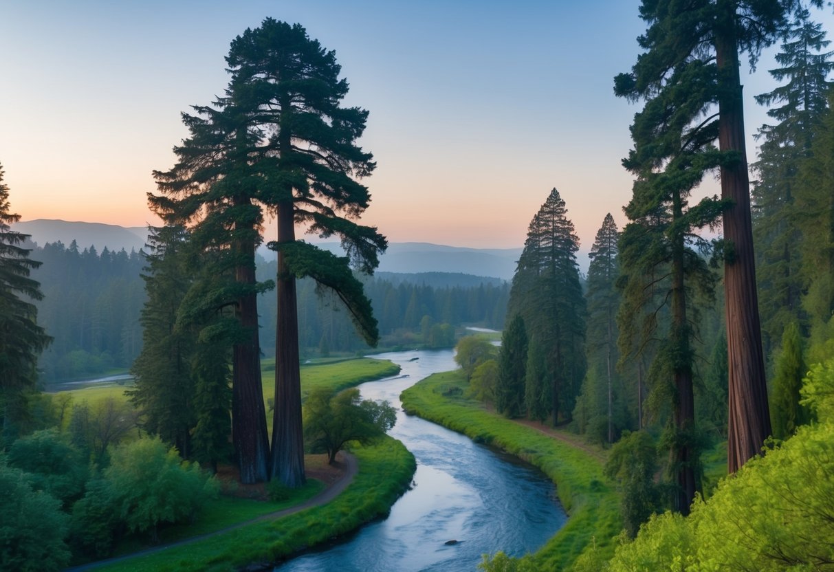 A lush, green forest with towering redwood trees and a tranquil river winding through the landscape. A subtle haze hangs in the air as the sun sets over the horizon